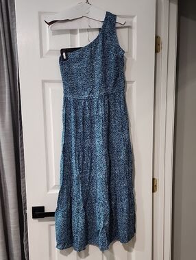 One-Shoulder Blue/Green Speckled Midi Dress
